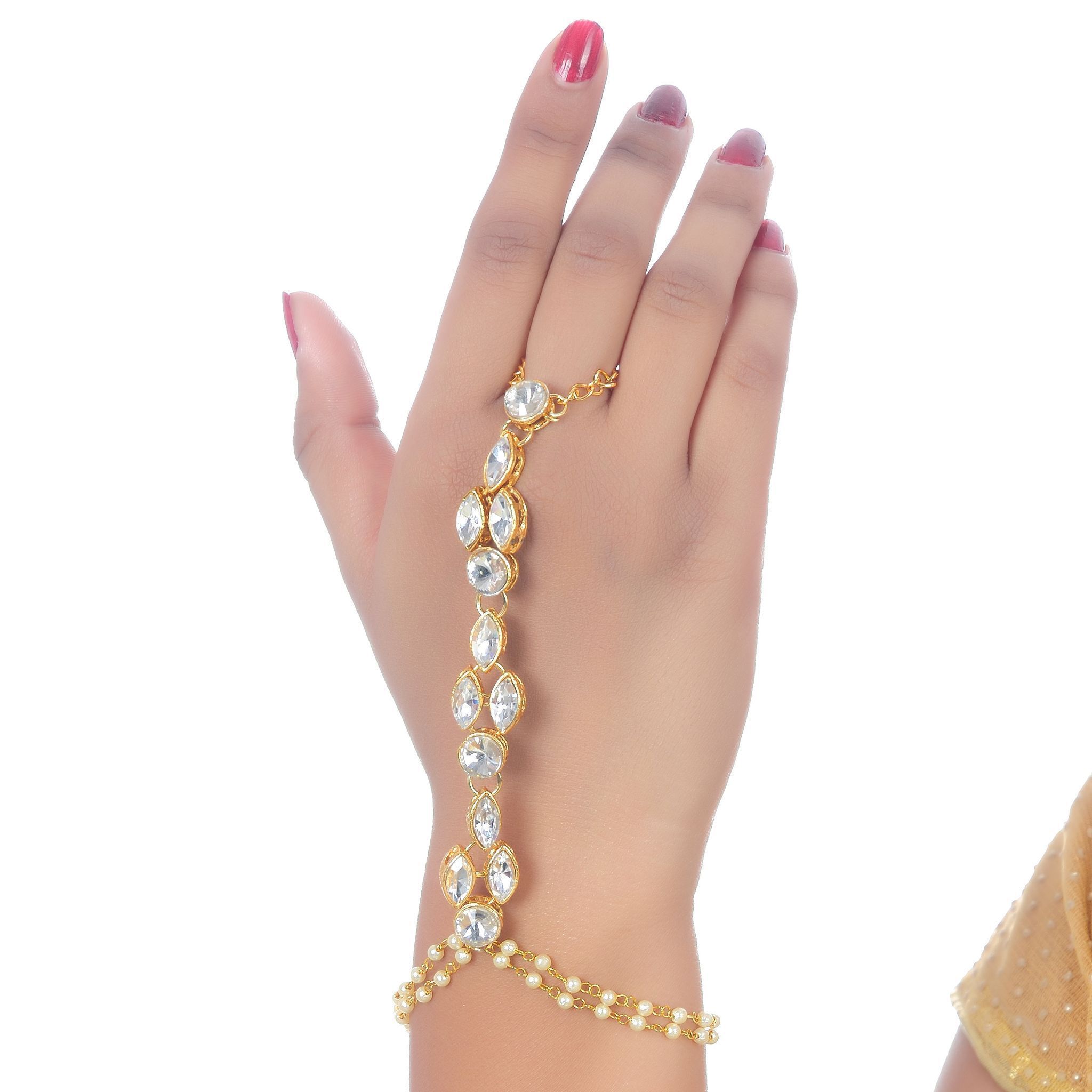 Lucky Jewellery Elegant White Color Gold Plated Finger Ring Bracelet Hand Harness Hathphool For Girls & Women (132-L1HM-05-W)