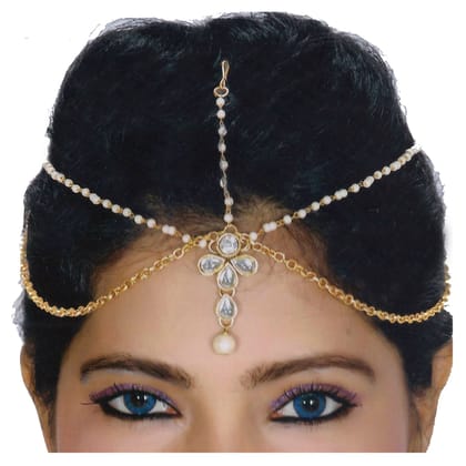 Lucky Jewellery Casual Bridal Dulhan Kundan White Color Stone Moti Maang Tikka Pearl Matha Patti for Girls & Women