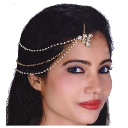 Lucky Jewellery Casual Bridal Dulhan Kundan White Color Stone Moti Maang Tikka Pearl Matha Patti for Girls & Women