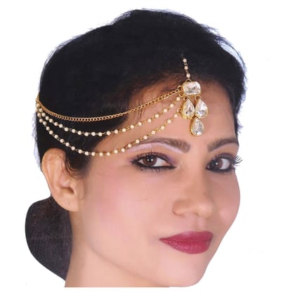 Lucky Jewellery Casual Bridal Dulhan Kundan White Color Stone Moti Maang Tikka Pearl Matha Patti for Girls & Women