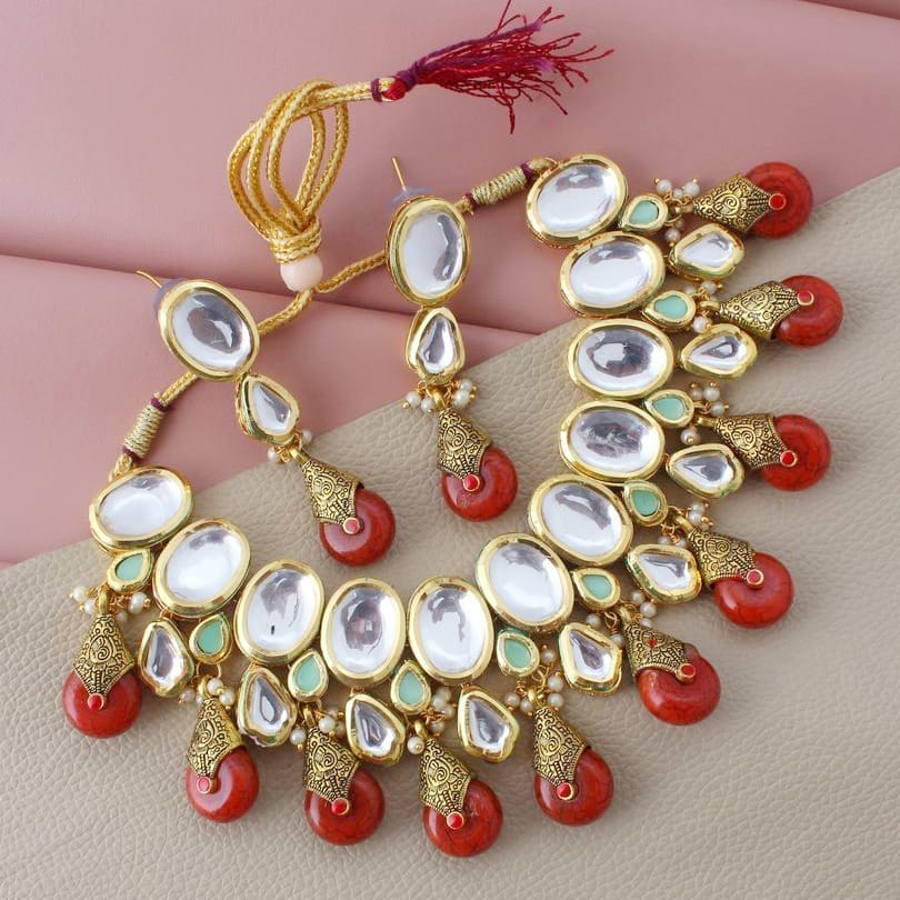 LUCKY JEWELLERY Back Meenakari 18k Gold Plated Red Color Tika Earring Combo Uncut Big Faux Kundan Choker Necklace set