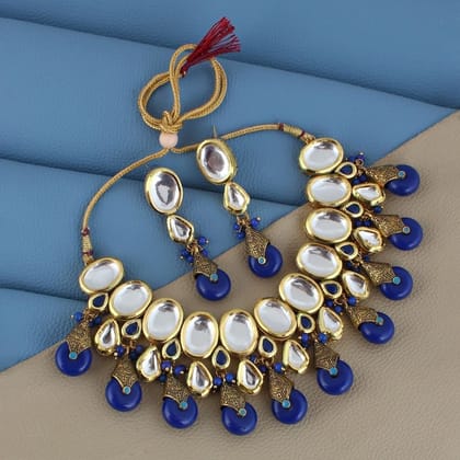 LUCKY JEWELLERY Back Meenakari 18k Gold Plated Blue Color Tika Earring Combo Uncut Big Faux Kundan Choker Necklace set