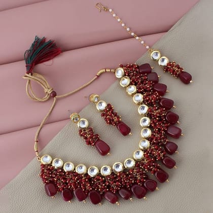 LUCKY JEWELLERY Back Meenakari 18k Gold Plated Maroon Color Tika Earring Combo Uncut Big Faux Kundan Choker Necklace set