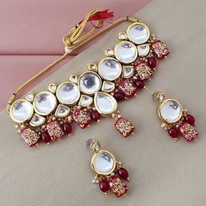 LUCKY JEWELLERY Back Meenakari 18k Gold Plated Maroon Color Earring Combo Uncut Big Faux Kundan Choker Necklace set