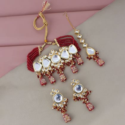 LUCKY JEWELLERY Back Meenakari 18k Gold Plated Maroon Color Tika Earring Combo Uncut Big Faux Kundan Choker Necklace set