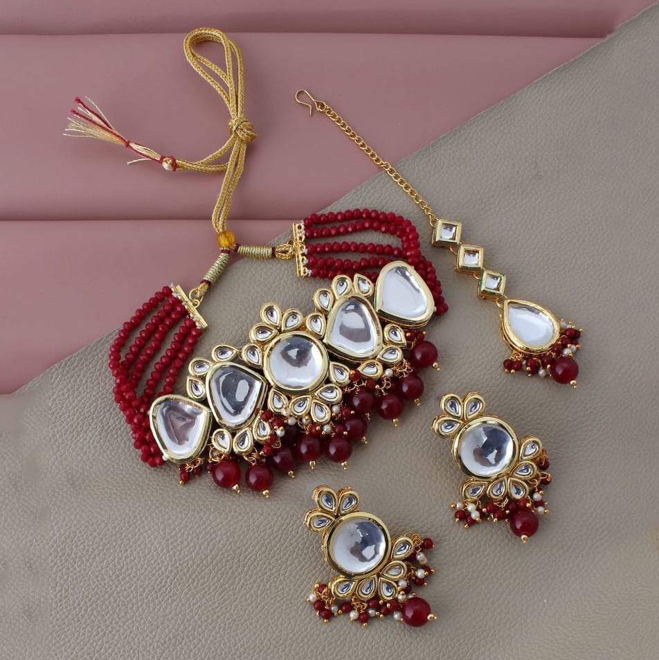 LUCKY JEWELLERY Back Meenakari 18k Gold Plated Maroon Color Tika Earring Combo Uncut Big Faux Kundan Choker Necklace set