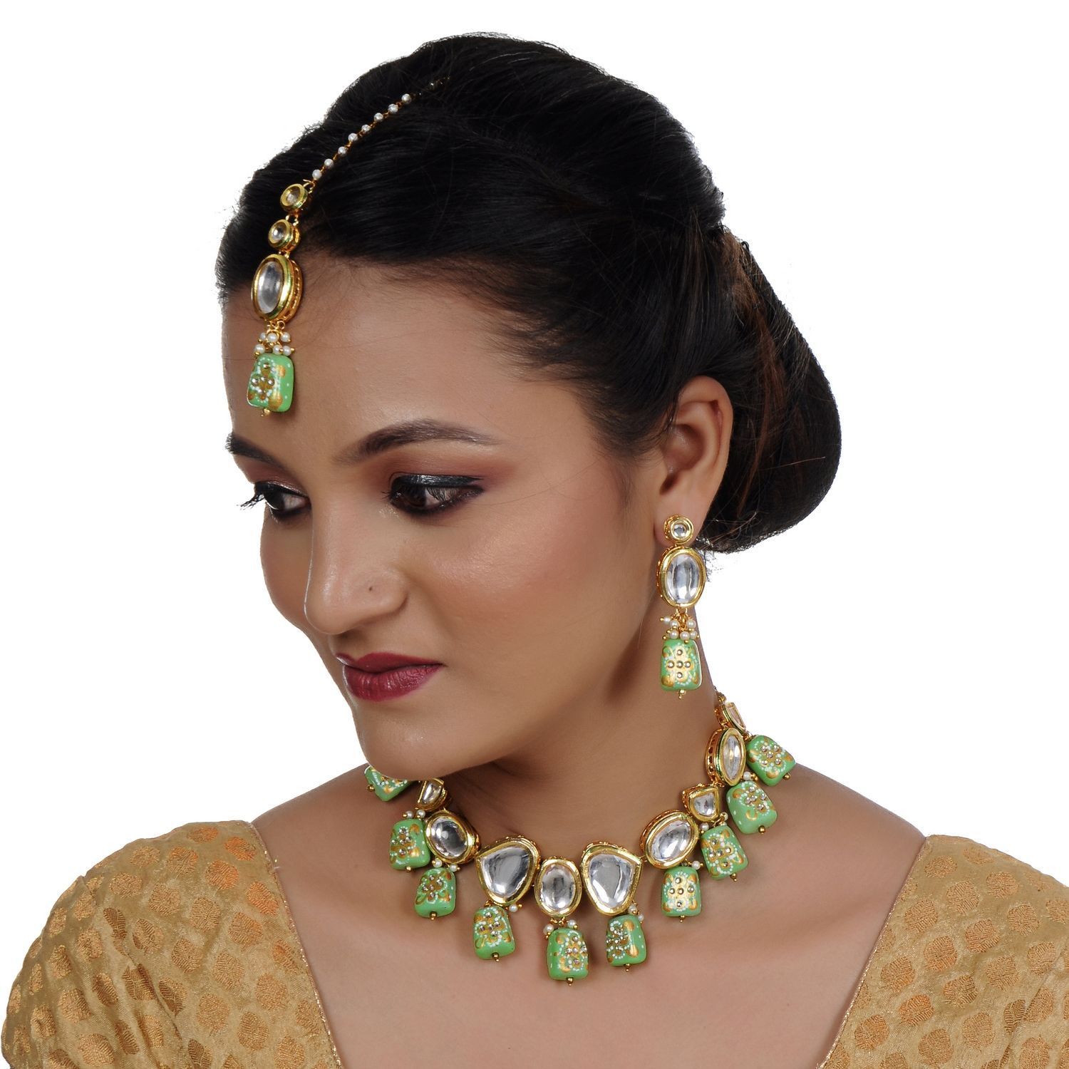 LUCKY JEWELLERY Back Meenakari 18k Gold Plated Green Color Tika Earring Combo Uncut Big Faux Kundan Choker Necklace set