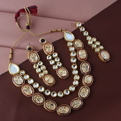 LUCKY JEWELLERY Back Meenakari 18k Gold Plated Maroon Color Tika Earring Combo Uncut Big Faux Kundan Choker Necklace set