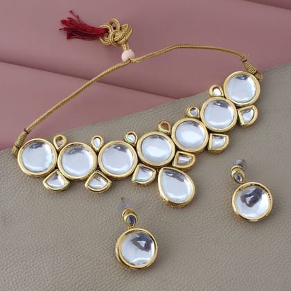 LUCKY JEWELLERY Back Meenakari 18k Gold Plated White Color Earring Combo Uncut Big Faux Kundan Choker Necklace set