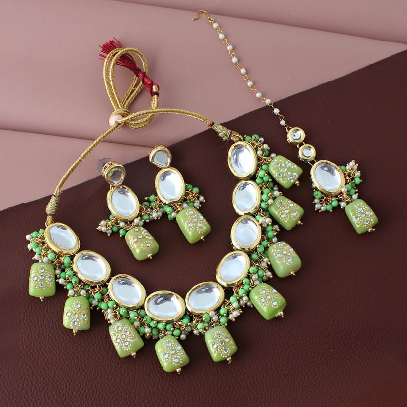 LUCKY JEWELLERY Back Meenakari 18k Gold Plated Green Color  Tika Earring Combo Uncut Big Faux Kundan Choker Necklace set