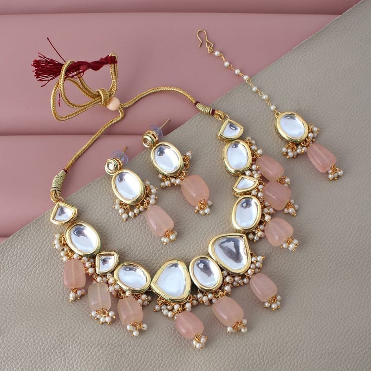 LUCKY JEWELLERY Back Meenakari 18k Gold Plated Pink Color  Tika Earring Combo Uncut Big Faux Kundan Choker Necklace set