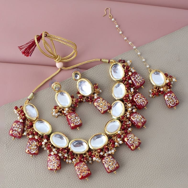 LUCKY JEWELLERY Back Meenakari 18k Gold Plated Maroon Color  Tika Earring Combo Uncut Big Faux Kundan Choker Necklace set