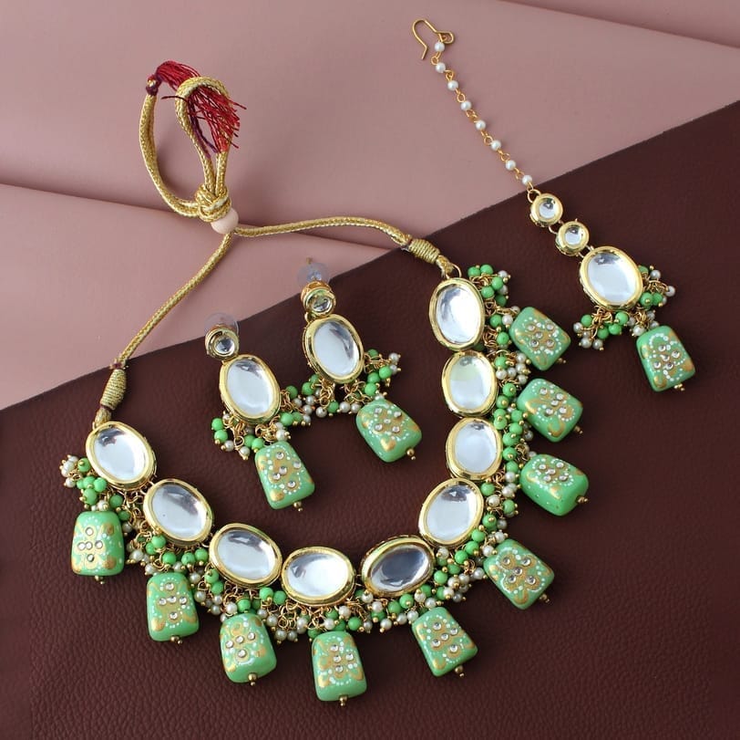 LUCKY JEWELLERY Back Meenakari 18k Gold Plated Green Color  Tika Earring Combo Uncut Big Faux Kundan Choker Necklace set