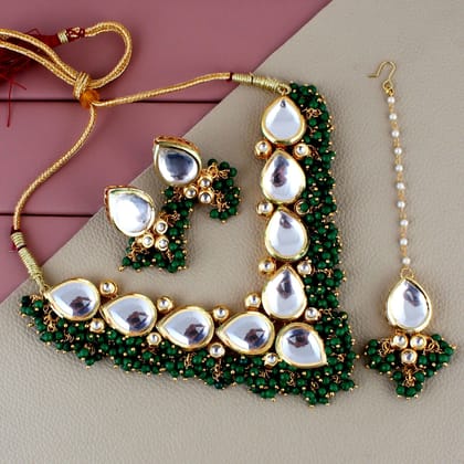 LUCKY JEWELLERY Back Meenakari 18k Gold Plated Green Color Tika Earring Combo Uncut Big Faux Kundan Choker Necklace set (1122-J5SK-1698-G)