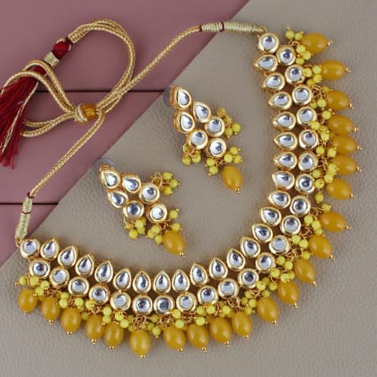 LUCKY JEWELLERY Back Meenakari 18k Gold Plated Yellow Color Earring Combo Uncut Big Faux Kundan Choker Necklace set (974-J5SK-1782-Y)