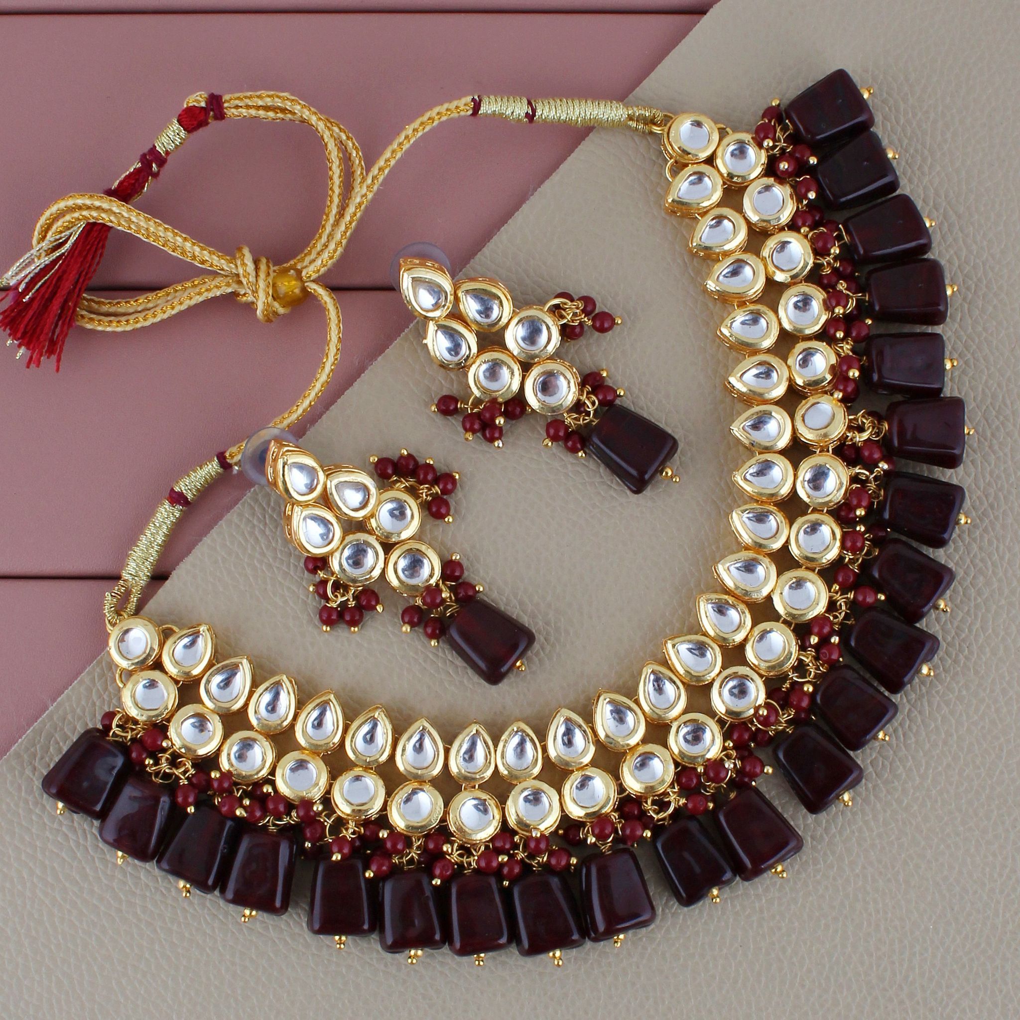 LUCKY JEWELLERY Back Meenakari 18k Gold Plated Maroon Color Earring Combo Uncut Big Faux Kundan Choker Necklace set (974-J5SK-1782-M)