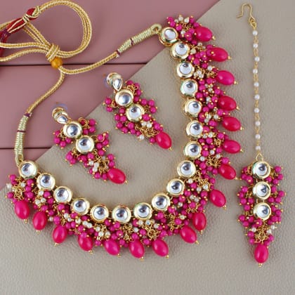 LUCKY JEWELLERY Back Meenakari 18k Gold Plated Magenta Color Tika Earring Combo Uncut Big Faux Kundan Choker Necklace set (926-J5SK-1810-R)