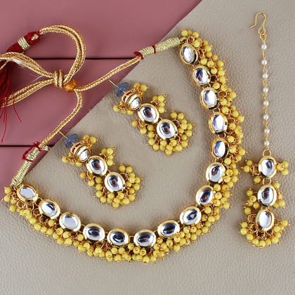 LUCKY JEWELLERY Back Meenakari 18k Gold Plated Yellow Color Tika Earring Combo Uncut Big Faux Kundan Choker Necklace set (796-J5SK-1811-Y)