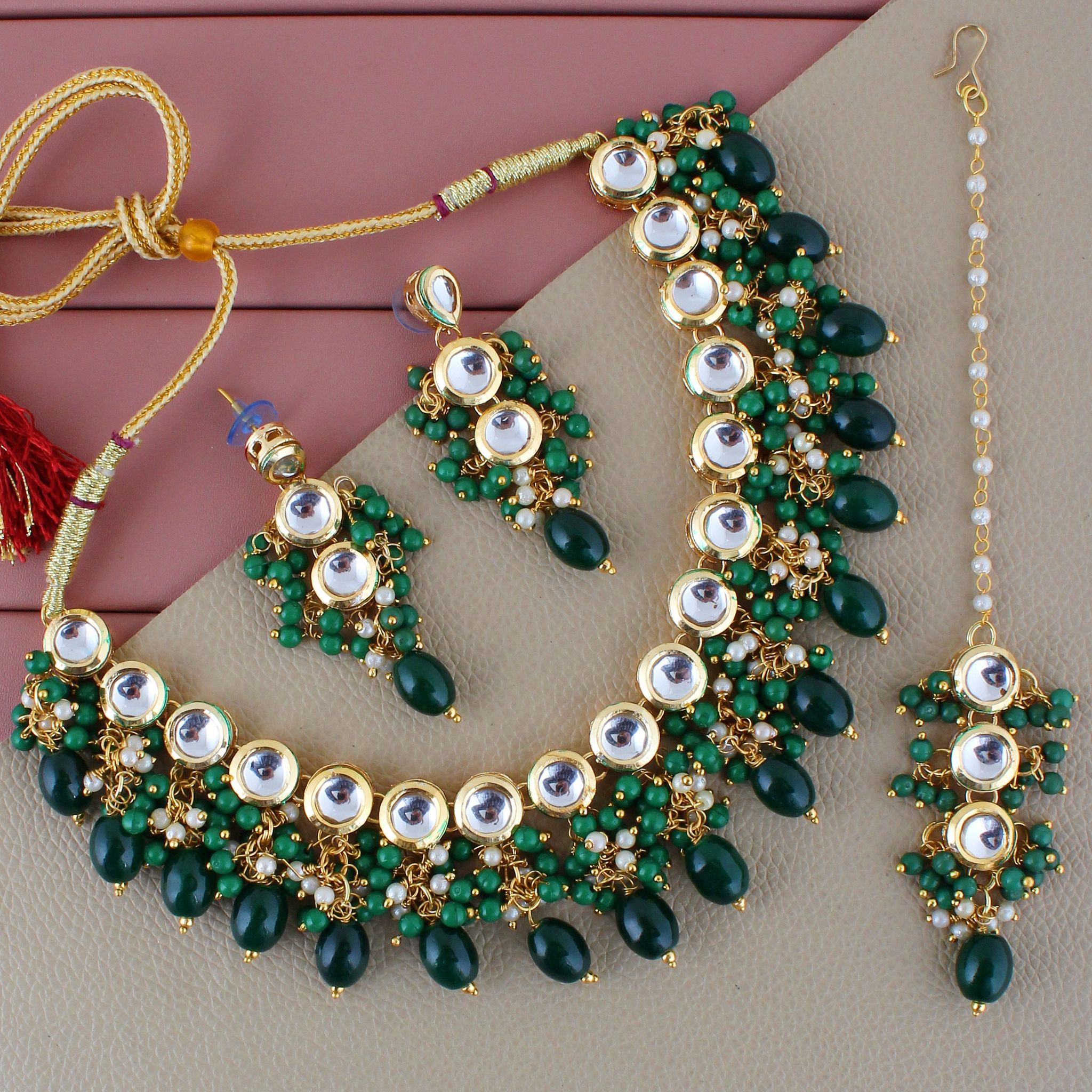 LUCKY JEWELLERY Back Meenakari 18k Gold Plated Green Color Tika Earring Combo Uncut Big Faux Kundan Choker Necklace set (926-J5SK-1810-G)