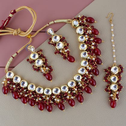 LUCKY JEWELLERY Back Meenakari 18k Gold Plated Maroon Color Tika Earring Combo Uncut Big Faux Kundan Choker Necklace set (926-J5SK-1810-M)