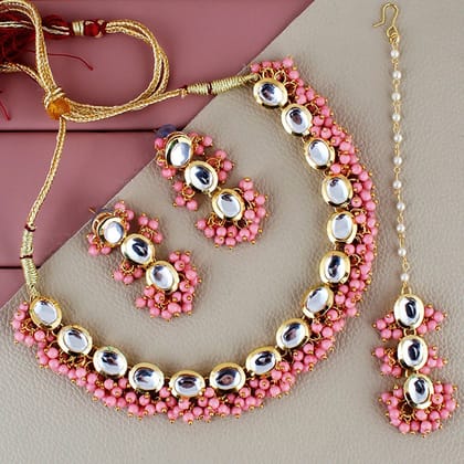 LUCKY JEWELLERY Back Meenakari 18k Gold Plated Pink Color Tika Earring Combo Uncut Big Faux Kundan Choker Necklace set (796-J5SK-1811-PK)