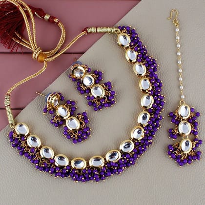 LUCKY JEWELLERY Back Meenakari 18k Gold Plated Purple Color Tika Earring Combo Uncut Big Faux Kundan Choker Necklace set (796-J5SK-1811-P)