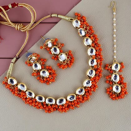 LUCKY JEWELLERY Back Meenakari 18k Gold Plated Orange Color Tika Earring Combo Uncut Big Faux Kundan Choker Necklace set (796-J5SK-1811-O)