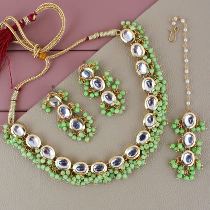 LUCKY JEWELLERY Back Meenakari 18k Gold Plated Light Green Color Tika Earring Combo Uncut Big Faux Kundan Choker Necklace set (796-J5SK-1811-LG)