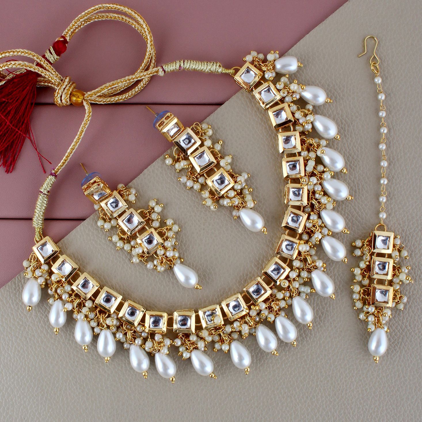 LUCKY JEWELLERY Back Meenakari 18k Gold Plated White Color Tika Earring Combo Uncut Big Faux Kundan Choker Necklace set (660-J5SK-1664-W)