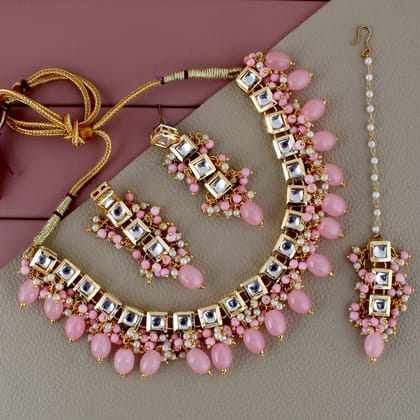 LUCKY JEWELLERY Back Meenakari 18k Gold Plated Pink Color Tika Earring Combo Uncut Big Faux Kundan Choker Necklace set (660-J5SK-1664-PK)