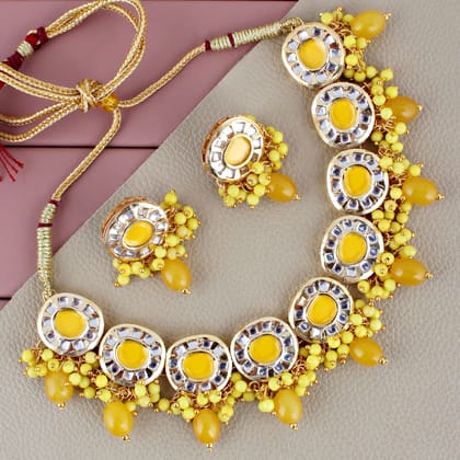 Lucky Jewellery Meenakari 18k Gold Plated Yellow Color  Earring Combo Uncut Big Faux Kundan Necklace set (1010-J5SK-1816-Y)