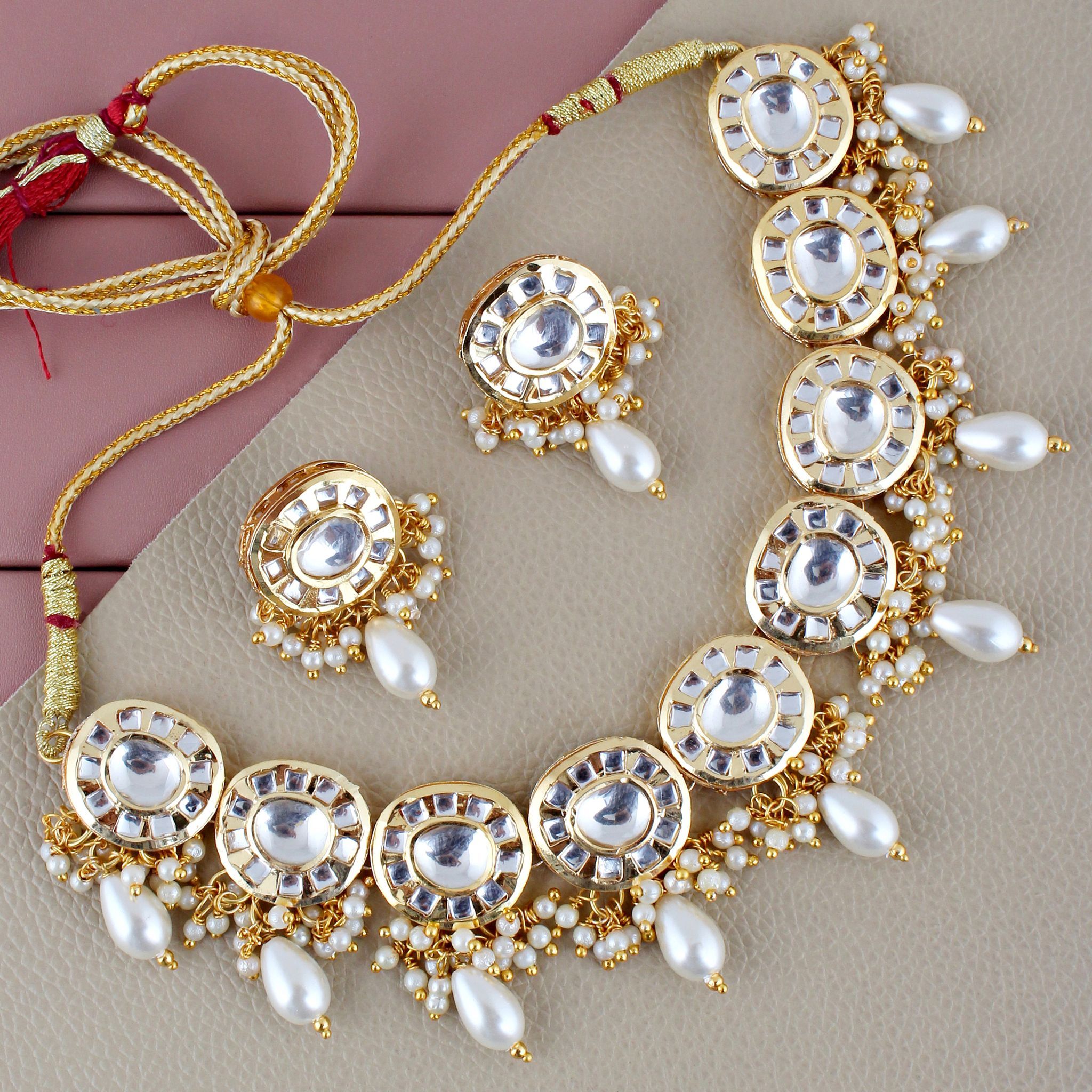 Lucky Jewellery Meenakari 18k Gold Plated White Color  Earring Combo Uncut Big Faux Kundan Necklace set (1010-J5SK-1816-W)