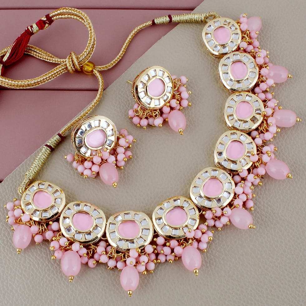 Lucky Jewellery Meenakari 18k Gold Plated Pink Color  Earring Combo Uncut Big Faux Kundan Choker Necklace set (1010-J5SK-1816-PK)