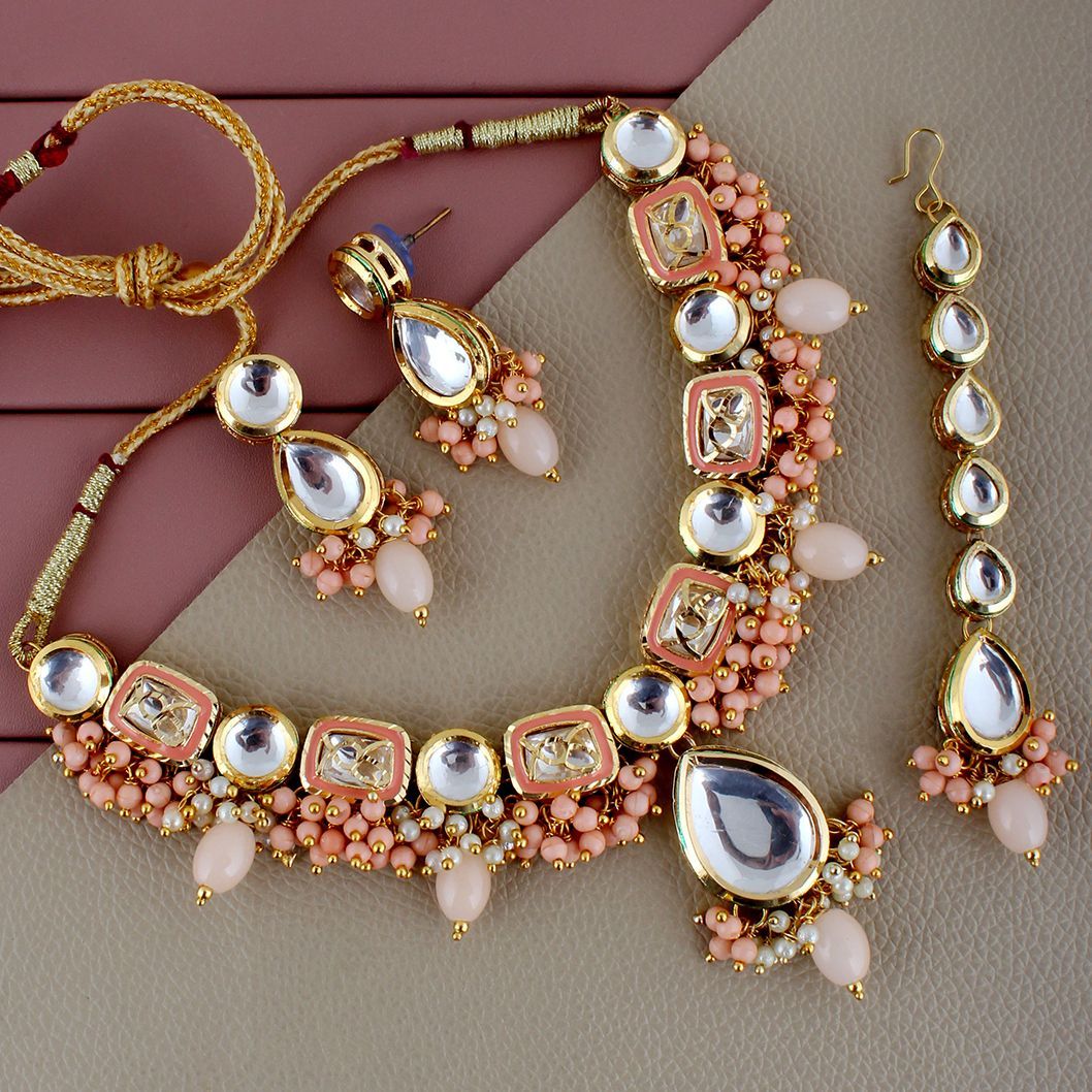 Lucky Jewellery Meenakari 18k Gold Plated Peach Color Tika Earring Combo Uncut Big Faux Kundan Choker