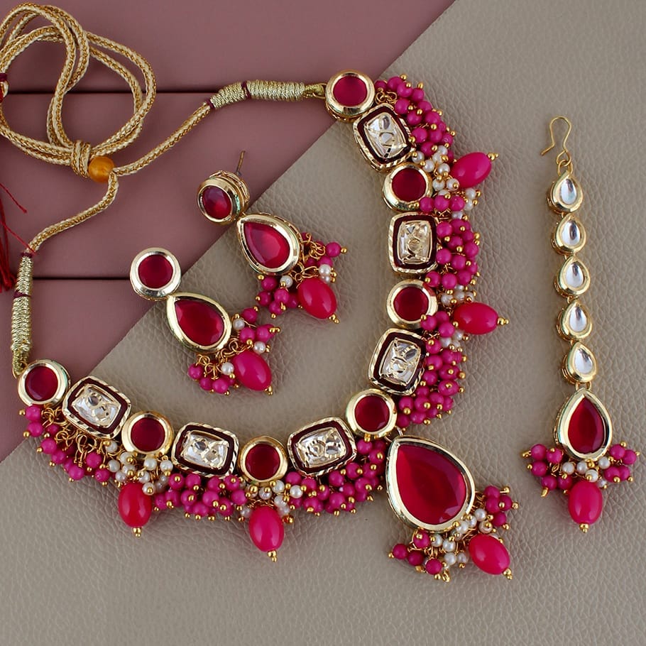 Lucky Jewellery Meenakari 18k Gold Plated Magenta Color Tika Earring Combo Uncut Big Faux Kundan Necklace set (911-J5SK-1817-R)