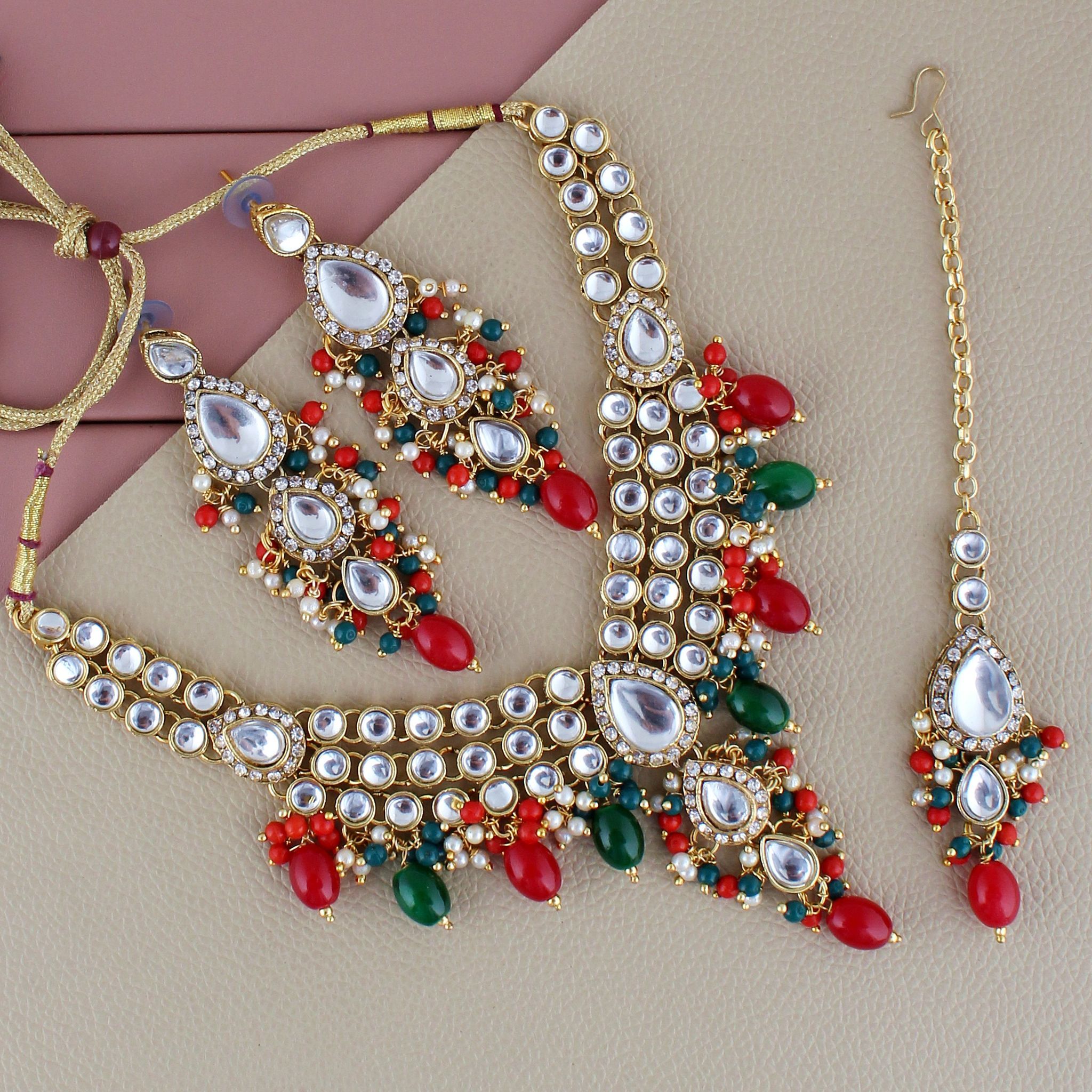 Lucky Jewellery Gold Plated Multi Color Tika Earring Necklace Combo Kundan Jewellery Set (726-MSK-3-LINE-RED-G)