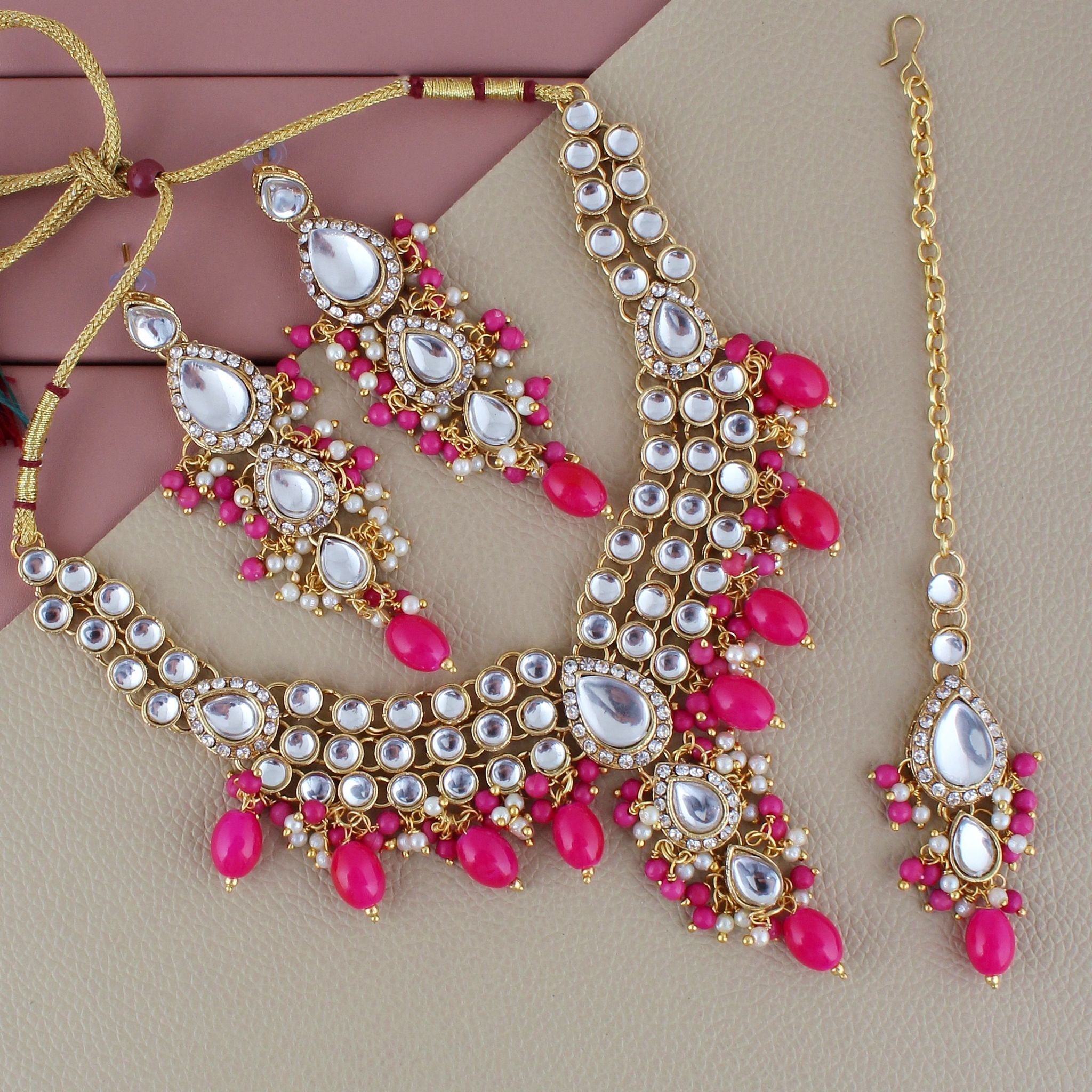 Lucky Jewellery Gold Plated White Magenta Color Tika Earring Necklace Combo Kundan Jewellery Set (726-MSK-3-LINE-R)