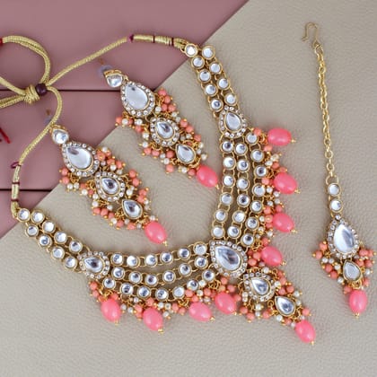 Lucky Jewellery Gold Plated White Peach Color Tika Earring Necklace Combo Kundan Jewellery Set (726-MSK-3-LINE-PH)