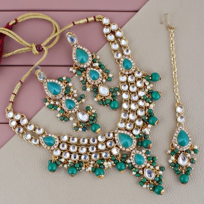 Lucky Jewellery Gold Plated White Light Green Color Tika Earring Necklace Combo Kundan Jewellery Set (726-MSK-3-LINE-LG)