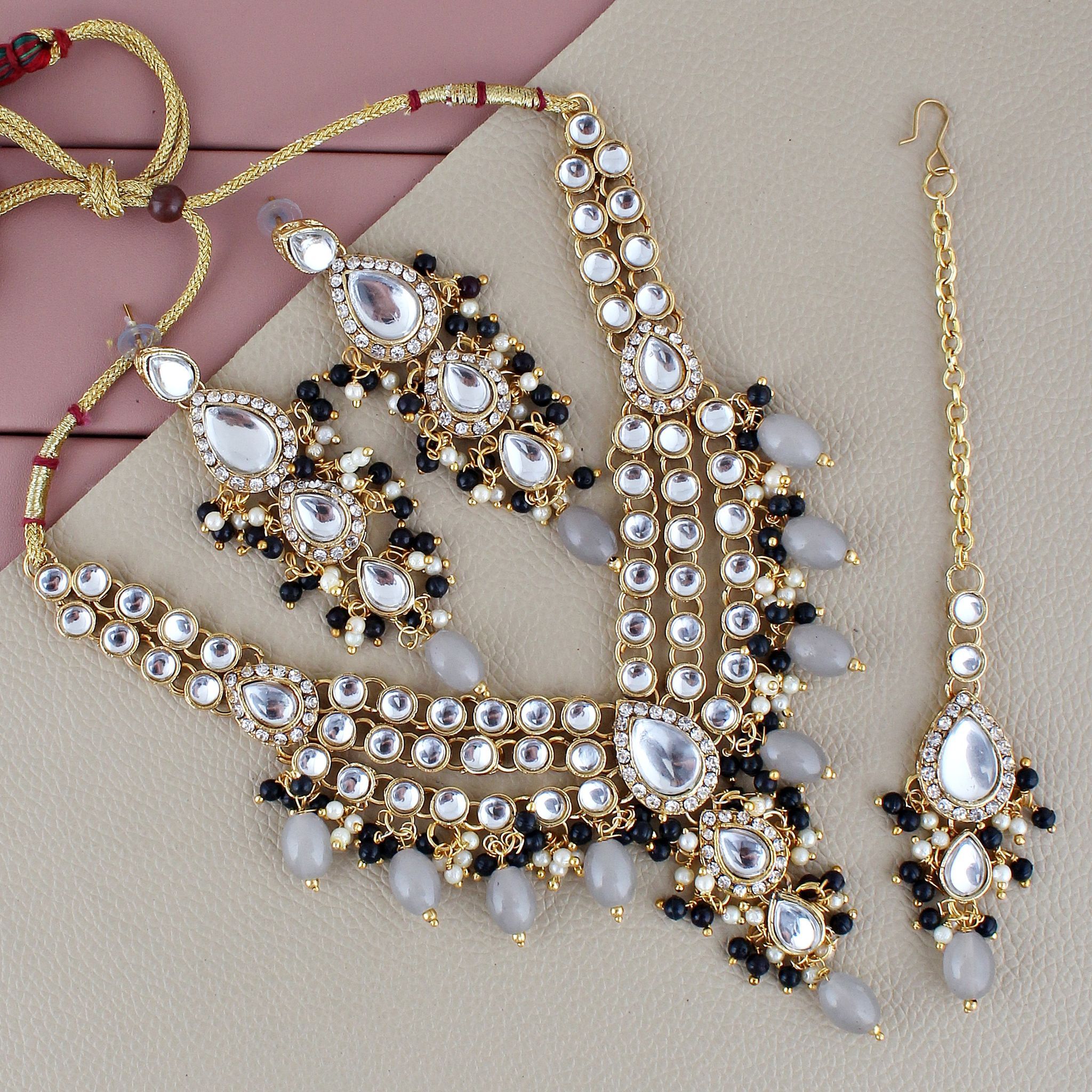 Lucky Jewellery Gold Plated White Grey Color Tika Earring Necklace Combo Kundan Jewellery Set (726-MSK-3-LINE-GR)