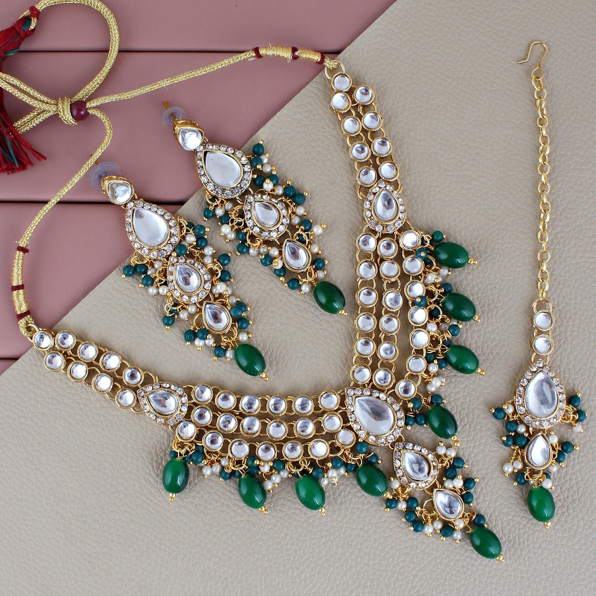 Lucky Jewellery Gold Plated White Green Color Tika Earring Necklace Combo Kundan Jewellery Set (726-MSK-3-LINE-G)