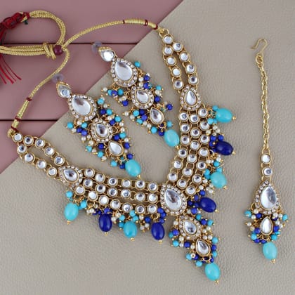 Lucky Jewellery Gold Plated Multi Color Tika Earring Necklace Combo Kundan Jewellery Set (726-MSK-3-LINE-FB)