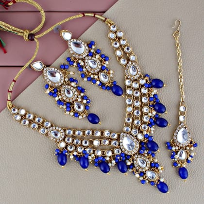 Lucky Jewellery Gold Plated White Blue Color Tika Earring Necklace Combo Kundan Jewellery Set (726-MSK-3-LINE-B)