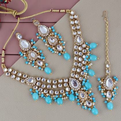 Lucky Jewellery Gold Plated White Firozi Color Tika Earring Necklace Combo Kundan Jewellery Set (726-MSK-3-LINE-F)