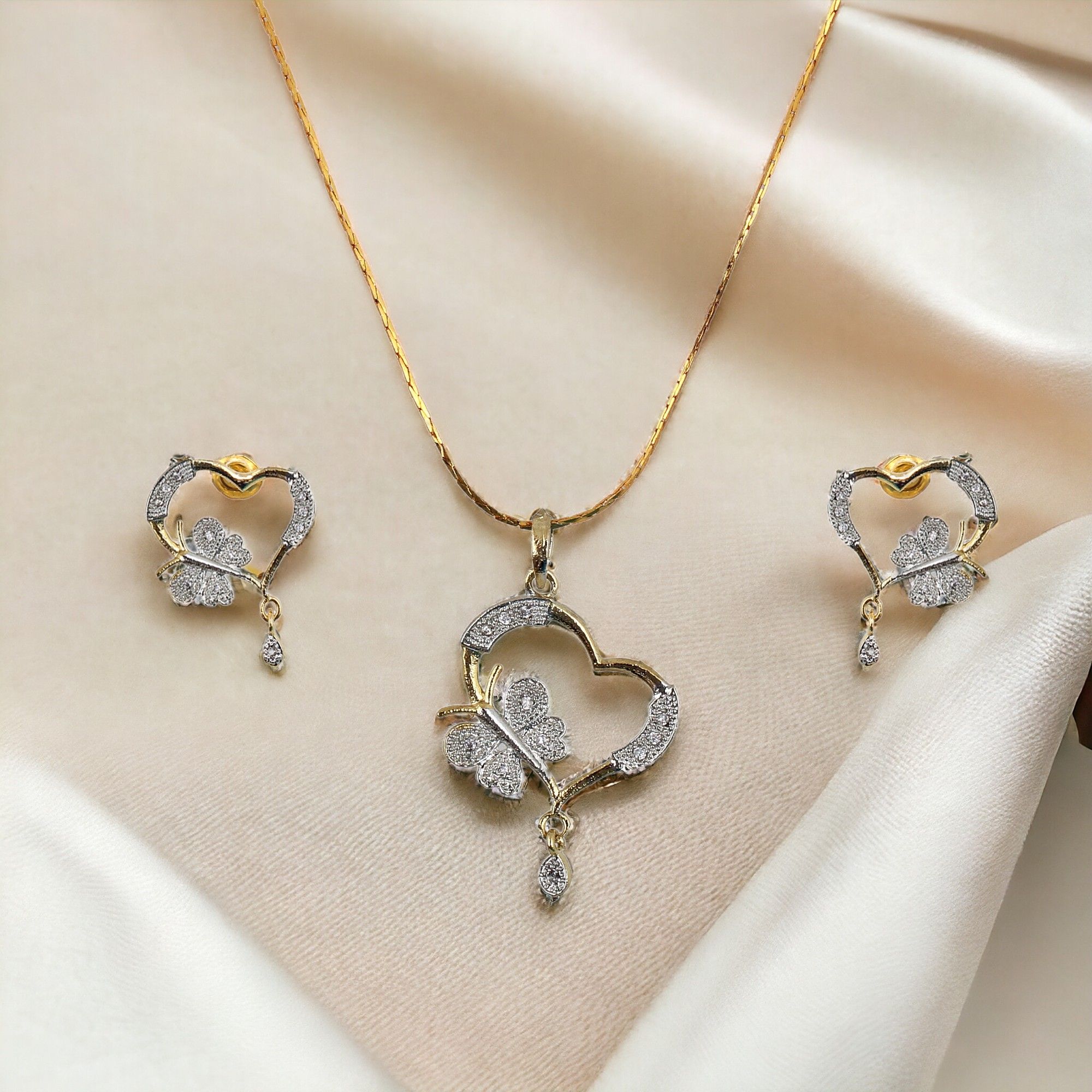 18K Gold Plated American Diamond (AD) Heart and Butterfly Shape Pendant with Earring and Chain.(109-P4L1A-1528)