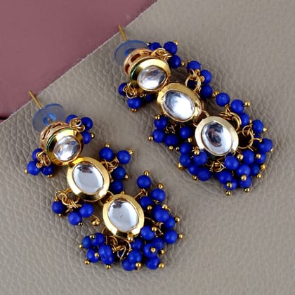 Lucky Jewellery Traditional Back Meenkari Gold Plated uncut kundan Blue Earrings (219-J5EK-1811-B)