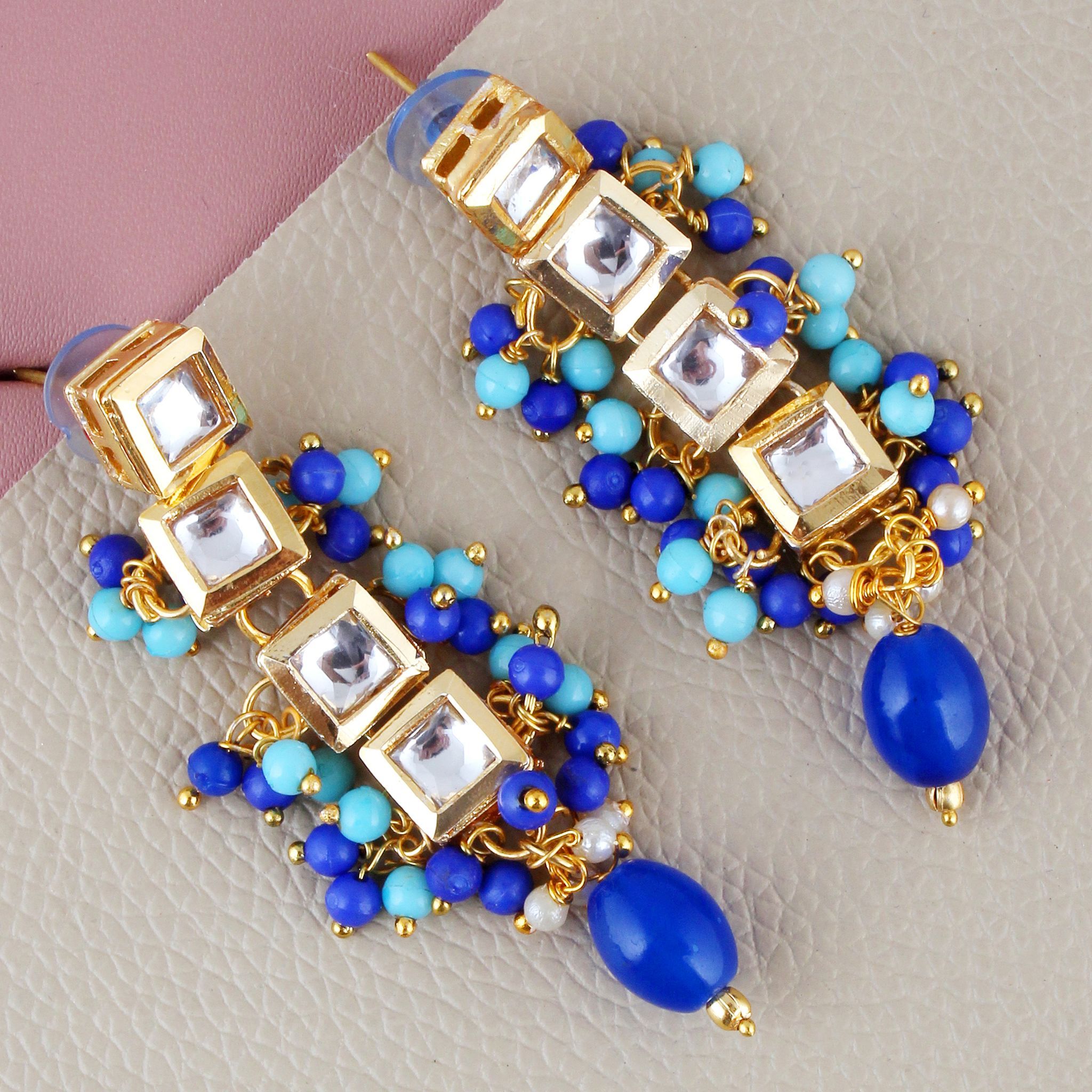 Lucky Jewellery Traditional Back Meenkari Gold Plated uncut kundan Firoji Blue Earrings (195-J5EK-1664-FB)