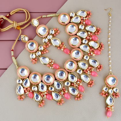 LUCKY JEWELLERY Back Meenakari 18k Gold Plated Peach Color Tika Earring Combo Uncut Big Faux Kundan Choker Necklace set (1700-J5SK-1839-PH)