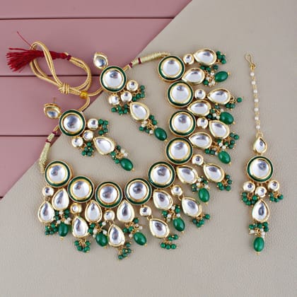 LUCKY JEWELLERY Back Meenakari 18k Gold Plated Green Color Tika Earring Combo Uncut Big Faux Kundan Choker Necklace set (1700-J5SK-1839-G)