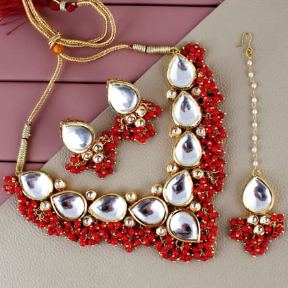 LUCKY JEWELLERY Back Meenakari 18k Gold Plated Red Color Tika Earring Combo Uncut Big Faux Kundan Choker Necklace set (1122-J5SK-1698-RED)